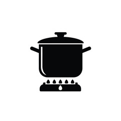 Black pot on stove with flames burner cooking