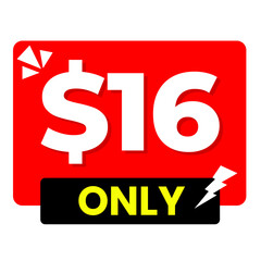 $16 only png, red colour price tag, new shape label, modern sale badge.