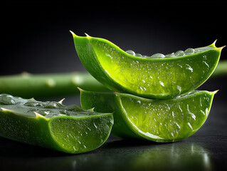 Close-Up of Freshly Cut Aloe Vera Leaves with Moist Gel Drops