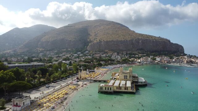 Drone View of Mondello Beach, Palermo &ndash; Clear Water, White Sand, and Coastal Mountains in Sicily