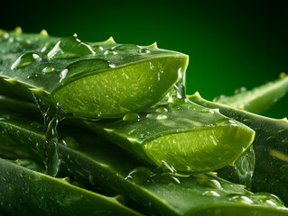Close-Up of Fresh Aloe Vera Leaves with Gel and Water Drops
