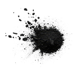 A pile of black charcoal powder explodes outwards, creating a textured cloud of fine dust isolated on transparent background