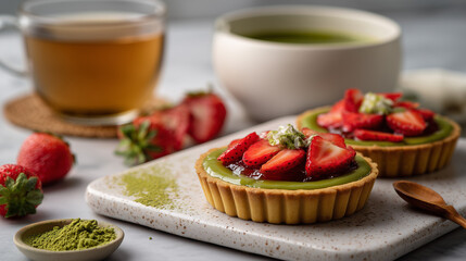 Fresh Matcha Tarts Topped with Strawberries and Tea on Rustic Background