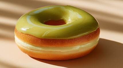 Close-Up of Matcha Glazed Donut with a Creamy Green Filling
