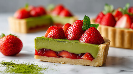 Close-Up of a Matcha Tart with Fresh Strawberries and Mint Garnish