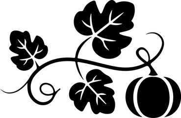 A minimalist logo design featuring Pumpkin Vine in a sleek silhouette vector style. The vine gracefully curves upward, displaying three vibrant green pumpkin leaves and a single nascent pumpkin. The