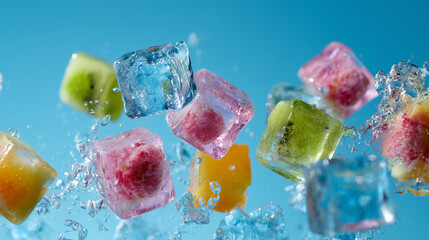 Vibrant Fruit-Infused Ice Cubes Splashing in Refreshing Water Atmosphere