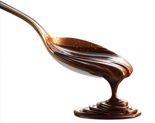 Close-Up Of Smooth Chocolate Flowing From A Spoon On A White Background