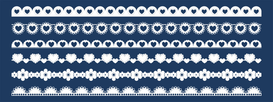 Scallop lace border with edge trim pattern for vector frame and crochet embroidery. White ornament on dark blue. Classic decorative style.