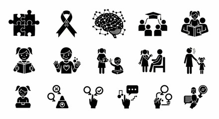 Fototapeta premium Autism Awareness and Neurodiversity Icon Set – Therapy, Behavior Signs, Inclusive Education, Communication Vector