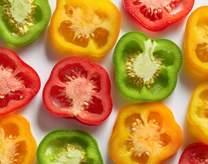 Colorful Bell Pepper Slices Arranged in a Symmetric Vibrant Pattern
