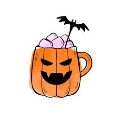 Ink and watercolor drawing of Jack-o'-lantern mug for Halloween sticker design, menu, card, or scrapbook. Vector illustration of party drink with marshmallows on top isolated on white background. 