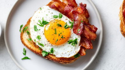 Crispy Bacon and Sunny-Side-Up Egg on Toasted Bread Garnished with Parsley