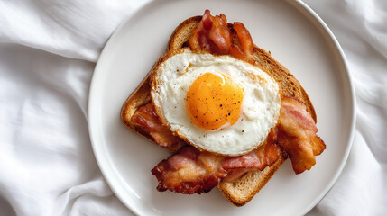 Crispy Bacon and Fried Egg on Toasted Bread Served on a Plate