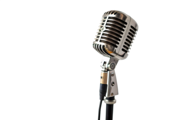 Classic Vintage Chrome Studio Microphone on Stand with Transparent Background PNG