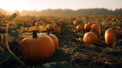 Idyllic Pumpkin Field at Sunset with Warm Autumn Colors