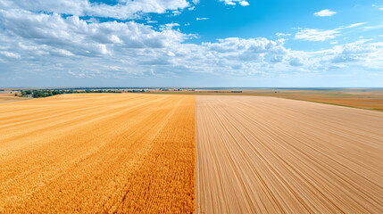 Aerial View of Expansive Golden Fields Under a Bright Blue Sky