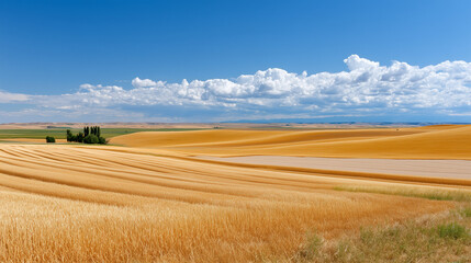 Golden Wheat Fields Under Clear Blue Sky with Distant Green Trees