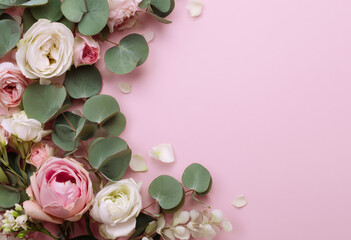 Elegant Flat Lay of Roses and Eucalyptus Leaves on Pink Background
