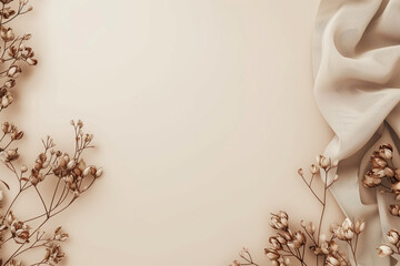 Elegant Beige Flat Lay With Delicate Dried Flowers and Fabric Drapery