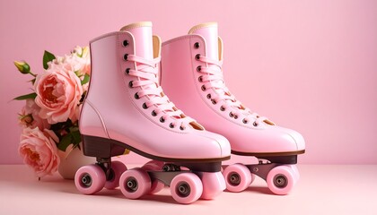 Vintage Charm: Nostalgic Pink Roller Skates with Elegant Roses on Pastel Background