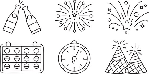 Isolated holiday party illustration set, champagne toast, fireworks burst, colorful party hat, midnight clock, dancing floor, festive New Year gathering