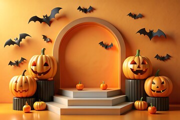 A festive halloween display features pumpkins and bats in a cheerful setting