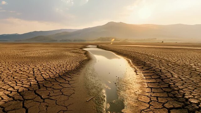 Dry cracked land with a stream leading to mountains at sunset