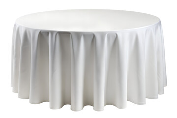 A round table with a white tablecloth isolated on a transparent background