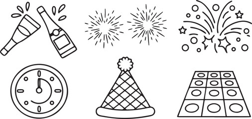 Isolated New Year party and celebration icons, champagne bottle pop, sparkling fireworks, party hat, countdown clock, flying confetti, dance floor vibes