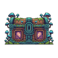 Pixel Style Magical Mushroom Chest with Glowing Portals - 2D Enchanted Asset