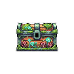 Pixel Style Overgrown Forest Chest with Glowing Flowers and Mushrooms - 2D Nature Asset
