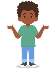 African American boy shrugging his shoulders in a DO NOT KNOW gesture, expressing confusion or uncertainty. Ideal for educational materials, childrens emotions charts, storytelling, websites, mobile
