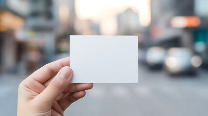 Blank Card in Hand: A hand holds a blank white card against a blurred cityscape, symbolizing opportunity, connection, and communication. Great for business and personal use.