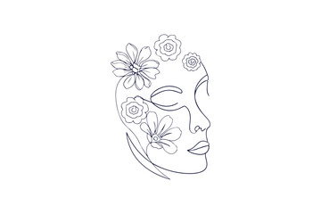 abstract face line art with flowers outline clip art silhouette vector illustration on white background