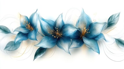 Fototapeta premium Serene Blue Flowers with Gold Accents on White Background