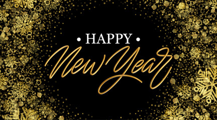 Happy New Year Vector Illustration with Golden Snowflakes and Sparkles Background