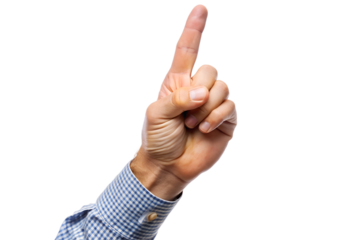 Hand pointing upwards with index finger extended isolated on white indicating direction guidance or making a point isolated on transparent background