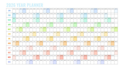2026 Year Planner Vector Illustration with a Color-Coded Calendar Layout for Detailed Scheduling, Featuring Clear Monthly Divisions and Highlighted Weekends on a White Background