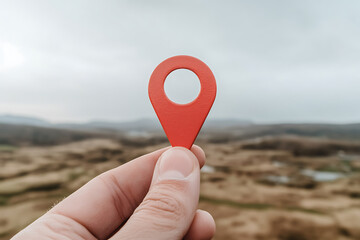 Fototapeta premium Finding your way. Red location pin held up against a distant landscape. Let's plan our next adventure. Adventure, travel, maps and geography.