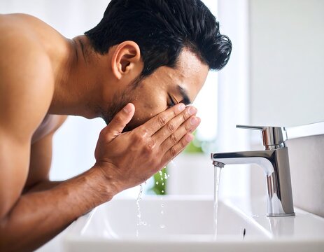 Man washing his face in bathroom sink