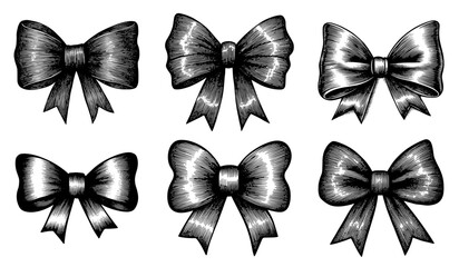 Decorative bows in a black and white engraving style for celebration and decoration