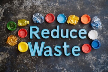 Reduce waste message surrounded by colorful plastic caps and bottles