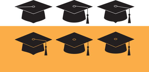 Six black graduation caps on white and orange backgrounds