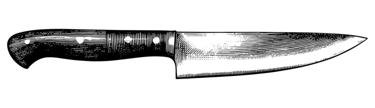 Chef's knife in woodcut style, black and white, for culinary and cooking use