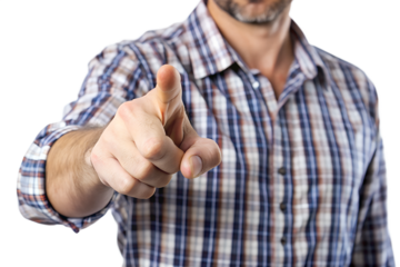 A man in a plaid shirt points directly at the viewer with his index finger isolated on transparent background