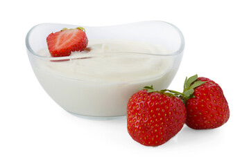 Tasty yoghurt with strawberries in bowl isolated on white