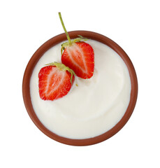 Tasty yoghurt with strawberries in bowl isolated on white, top view