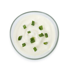 Tasty yoghurt with green onions in bowl isolated on white, top view