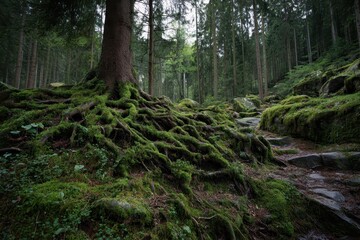 Fototapeta premium Moss covered roots in the Bavarian forest